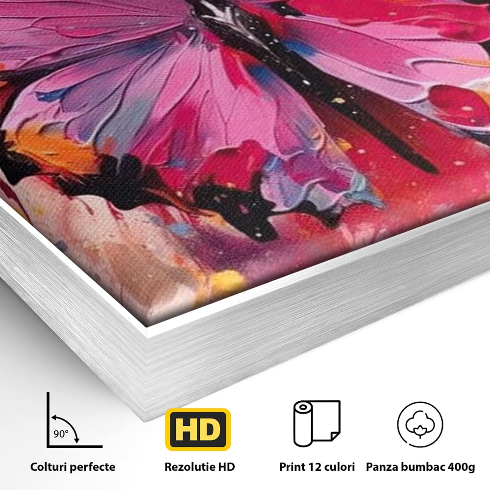 Detaliu al suprafetei: pictura digitala cu fluture roz, in rama de aluminiu argintiu